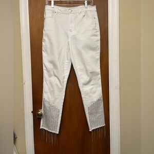 Versona White Ankle Cropped Jeans with rhinestones at leg bottom Size 10.    XO1